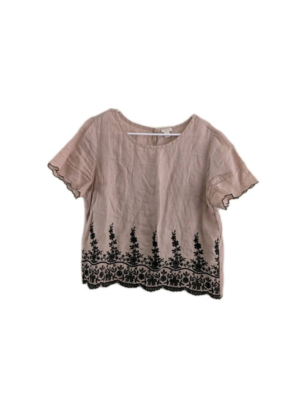 J. Crew Linen Embroidered Top Women's 10 Scallop Hem Pink Short Sleeve Boho